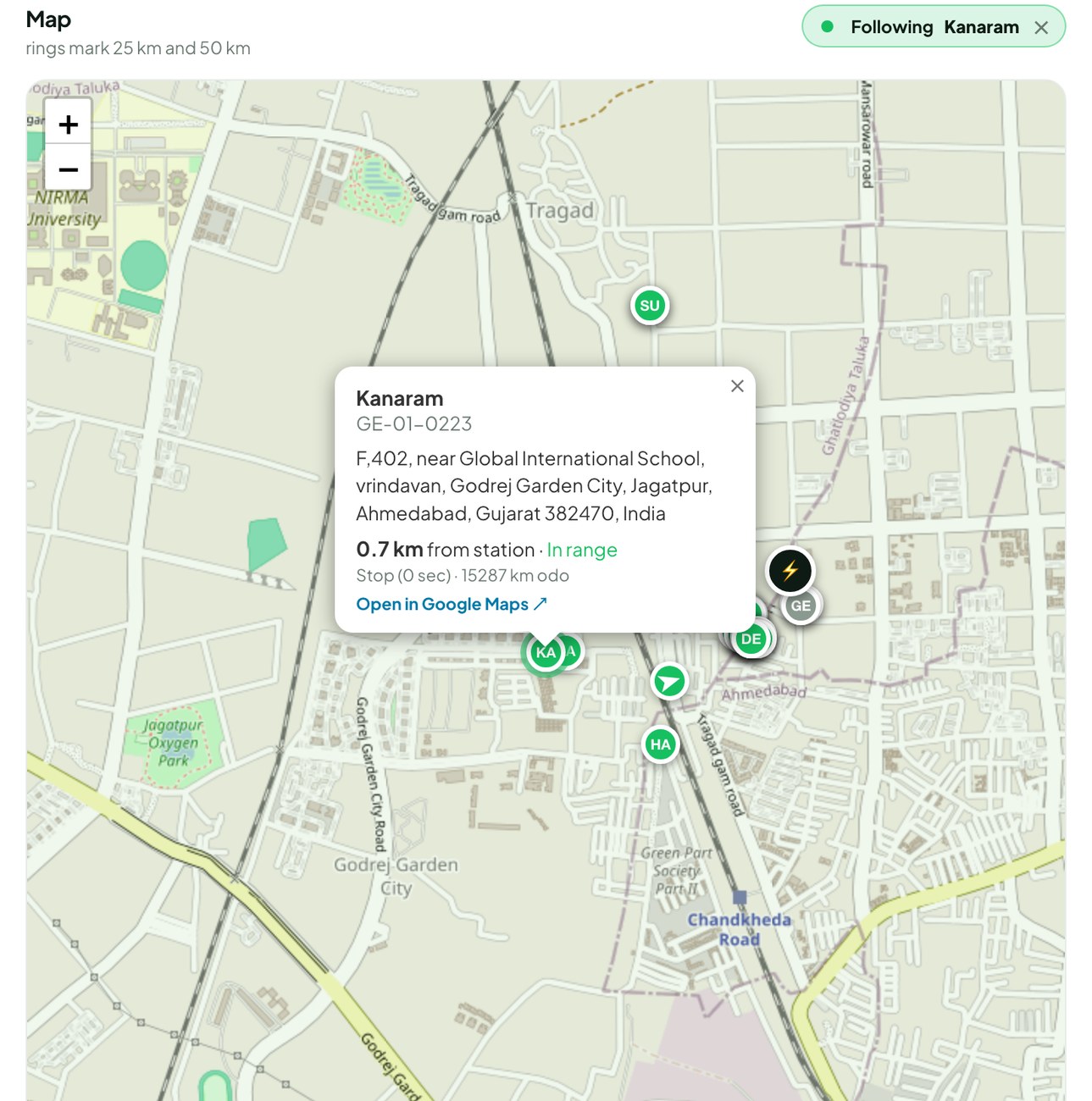 GOEz dashboard: live rider positions around the swap station with a movement trail
